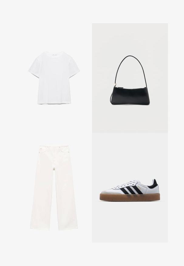 Effen wit T-shirt met korte mouwen en ronde hals, met een rechte zoom, gepresenteerd tegen een witte achtergrond.; Witte hoge taille wijde pijpen jeans met een rits en knoopsluiting aan de voorkant, twee voorke pockets en lussen voor een riem.; Witte leren sneakers met zwarte strepen, gumrubberen buitenzool, ronde neus, vetersluiting en een zachte grijze suède neuskap.; Zwart rechthoekig handtasje met een dunne band en ritssluiting, afgebeeld tegen een effen witte achtergrond.