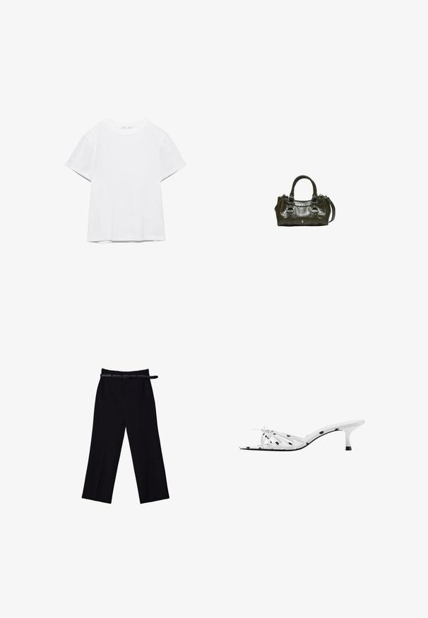 T-shirt blanc uni à manches courtes et col rond, avec un ourlet droit, présenté sur un fond blanc.; Pantalons larges noirs avec une texture lisse. Dotés d'une taille ajustée, de passants de ceinture et de poches avant.; Sandale blanche à talon avec des pois noirs, bout ouvert, fines brides et un petit nœud à l'avant, vue de profil.; Sac à main en cuir vert foncé avec double poignées, détails de boucle à l'avant et bandoulière amovible.