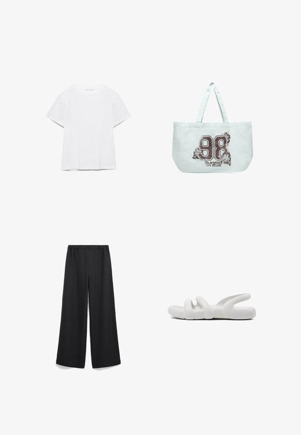 Unifarbenes weißes T-Shirt mit kurzen Ärmeln und Rundhalsausschnitt, gerader Saum, dargestellt auf weißem Hintergrund.; Weiter Schnitt, schwarze Hose mit elastischem Bund. Hergestellt aus leichtem Stoff, mit glatter Textur und ohne sichtbare Muster oder Akzente.; Weiße Slipper-Sandalen aus einem glatten, flexiblen Kunststoffmaterial. Besitzen ein einzigartiges Design mit drei wellenförmigen Ausschnitten im Obermaterial.; Weiße Tragetasche mit gepolsterten Henkeln, bedruckt mit "98 Sunset in Bali" und Hibiskusblumen-Illustrationen in Dunkelbraun.