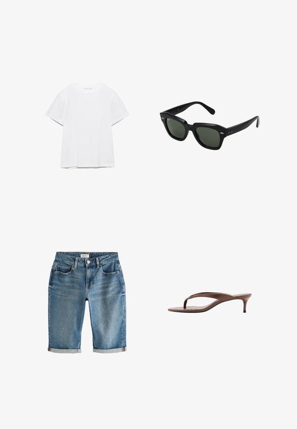 Hvid, kortærmet T-shirt med rund hals og lige kant, vist på en hvid baggrund.; Blå denim knæ-lange shorts med en opsmøgning, fem lommer og lukning med metalknap. Stof har et let falmet udseende.; Brun læder thong sandal med lav kittenhæl og firkantet tå, vist i sideprofil på hvid baggrund.; Sorte firkantede solbriller med mørkegrønne linser, der har kraftige stel og sølvdetaljer på siderne. Fremstillet i Italien.