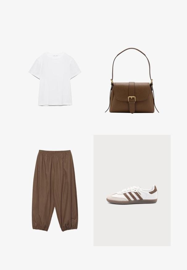 T-shirt blanc uni à manches courtes et col rond, avec un ourlet droit, présenté sur un fond blanc.; Pantalon marron ample avec taille élastique et poignets élastiques froncés, confectionné dans un tissu léger.; Baskets Adidas Samba blanches avec des bandes en daim marron, semelle en caoutchouc marron et bout en daim beige, vues du côté extérieur sur un fond uni.; Sac à bandoulière en cuir marron avec rabat avant et boucle dorée, disposant d'une bandoulière réglable avec ferrures dorées sur fond blanc.