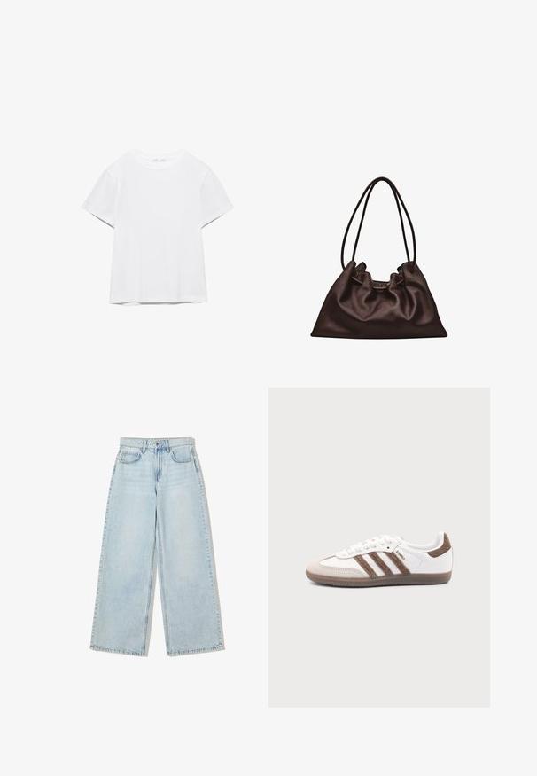 Effen wit T-shirt met korte mouwen en ronde hals, met een rechte zoom, gepresenteerd tegen een witte achtergrond.; Lichtblauwe wijde spijkerbroek van denim, met een hoge taille, vijf zakken en zichtbare stiksels langs de naden.; Witte Adidas Samba sneaker met bruine suède strepen, bruine rubberen zool en beige suède neuskap, getoond vanaf de buitenkant op een effen achtergrond.; Zachte donkerbruine leren handtas met een slungelige vorm en twee dunne schouderbandjes tegen een witte achtergrond.