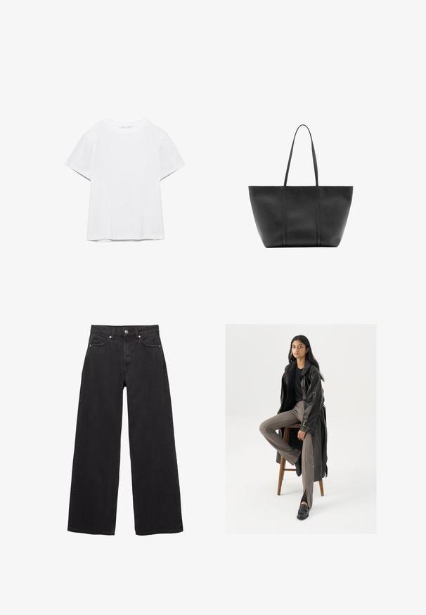 Hvid, kortærmet T-shirt med rund hals og lige kant, vist på en hvid baggrund.; Sorte denim-jeans med brede ben, høj talje, fem lommer og knappelukning med diskrete syningsdetaljer.; Sort læder trench coat med knapper og bælte detalje, parret med lysebrune tætsiddende bukser og sorte loafers, siddende på en træstol.; Sort læder tote taske med lange slanke håndtag, en tekstureret overflade og en bred åben top.