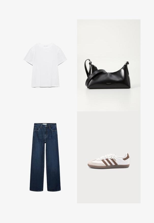 Unifarbenes weißes T-Shirt mit kurzen Ärmeln und Rundhalsausschnitt, gerader Saum, dargestellt auf weißem Hintergrund.; Weite dunkelblaue Denim-Jeans mit hoher Taille, ausgestattet mit fünf Taschen und einer klassischen Knopfschließe. Glatte Textur und gerader Schnitt.; Weißer Adidas Samba Sneaker mit braunen Wildlederstreifen, brauner Gummisohle und beiger Wildlederkappe, von der Außenseite auf schlichtem Hintergrund gezeigt.; Schwarze lederne Handtasche mit glatter Textur. Verfügt über einen verstellbaren Riemen und ein elegantes, minimalistisches Design mit einem Reißverschluss.