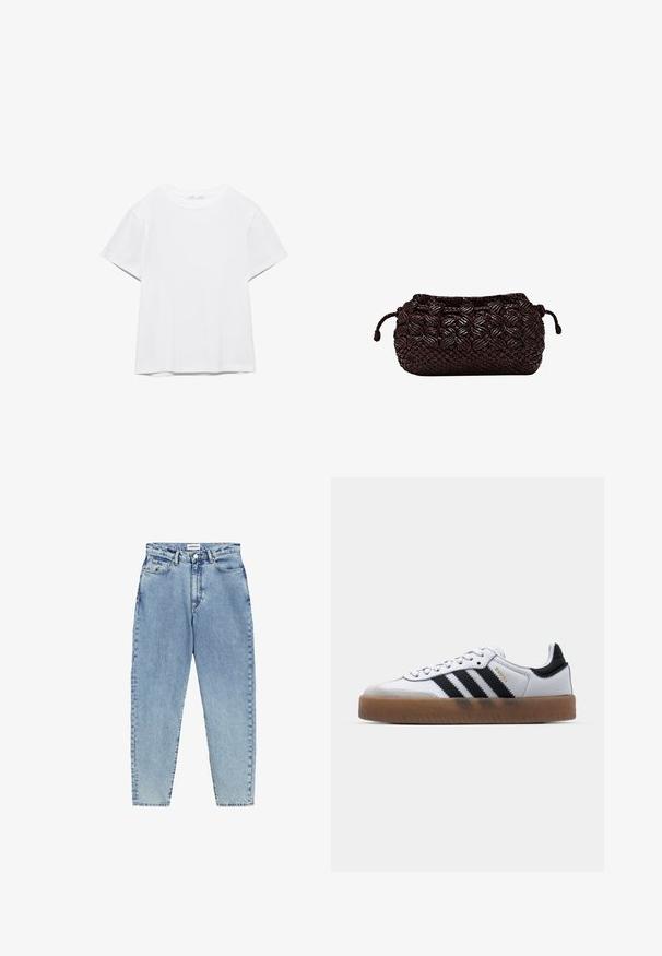 Effen wit T-shirt met korte mouwen en ronde hals, met een rechte zoom, gepresenteerd tegen een witte achtergrond.; Lichtblauwe denim jeans met een hoge taille, een rechte pijpdesign en contrasterende stiksels. Bevat voor- en achterzakken en een knoopsluiting.; Witte leren sneakers met zwarte strepen, gumrubberen buitenzool, ronde neus, vetersluiting en een zachte grijze suède neuskap.; Donkerbruine gevlochten clutch met gevlochten structuur en koordsluiting aan beide zijden tegen een witte achtergrond.