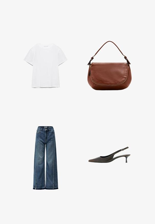 Unifarbenes weißes T-Shirt mit kurzen Ärmeln und Rundhalsausschnitt, gerader Saum, dargestellt auf weißem Hintergrund.; Weite blaue Denim-Jeans mit hoher Taille, die subtile Verwaschungen, Kontrastnähte und einen rohen Saum am Knöchel aufweisen.; Schwarzer Lederslingback mit spitzer Schuhspitze, niedrigem Kittenabsatz und kleinem verstellbarem Schnallenriemen.; Braune Lederschultertasche mit abgerundetem Überschlag und goldenem Reißverschlussdetail, mit einem verstellbaren Riemen.