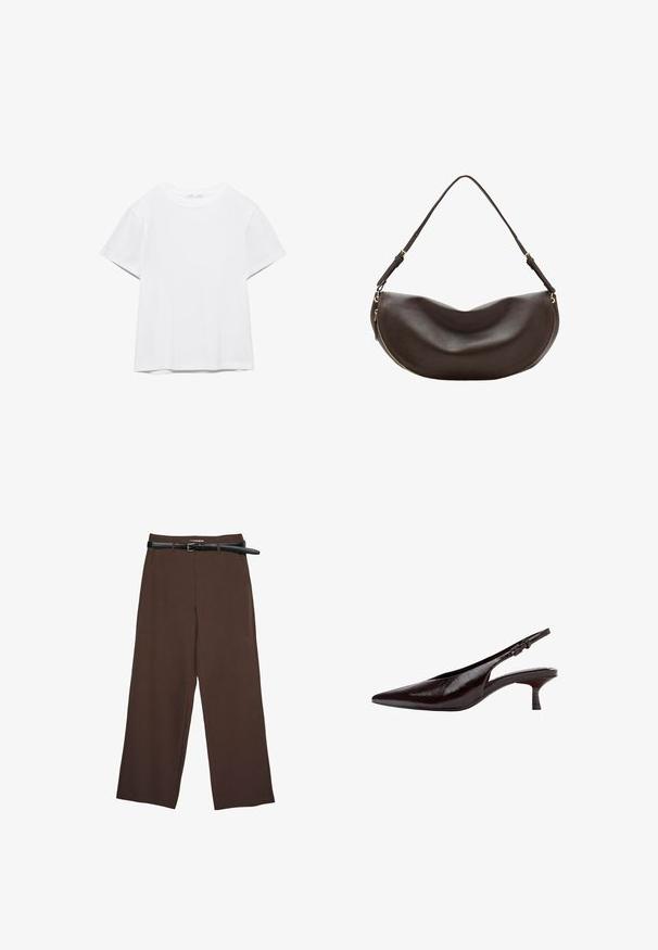 T-shirt blanc uni à manches courtes et col rond, avec un ourlet droit, présenté sur un fond blanc.; Pantalons larges marron avec une texture lisse, dotés d'une ceinture noire et d'une taille ajustée, offrant une coupe structurée.; Chaussure à bout pointu en cuir marron foncé avec bride arrière, petit talon kitten et sangle réglable à boucle.; Sac à bandoulière en cuir marron foncé avec une forme courbée, une sangle réglable et une fermeture éclair dorée le long du bord inférieur.