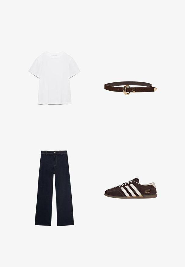 T-shirt blanc uni à manches courtes et col rond, avec un ourlet droit, présenté sur un fond blanc.; Jeans larges bleu foncé avec un ourlet effiloché, dotés d'une braguette à boutons et zip, et d'un design classique à cinq poches avec des coutures contrastantes.; Baskets en suède marron avec trois bandes blanches, semelle en caoutchouc, et étiquette avec le texte "Gazelle" en or. Fermeture à lacets avec lacets gris.; Ceinture en cuir marron avec boucle en forme de croissant dorée, ainsi que pointe et passant assortis en or, présentée sur un fond blanc.