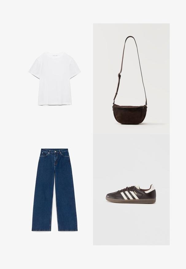 T-shirt blanc uni à manches courtes et col rond, avec un ourlet droit, présenté sur un fond blanc.; Jean large en denim bleu foncé avec poches avant, passants pour ceinture, fermeture à boutons et coutures visibles sur fond blanc.; Baskets en cuir marron foncé avec un design à trois bandes blanches, une semelle en caoutchouc et l'inscription "Samba" en lettres dorées sur le côté. Forme classique basse.; Sac bandoulière en daim marron foncé avec une sangle réglable et une poche zippée à l'avant, posé sur un fond clair uni.