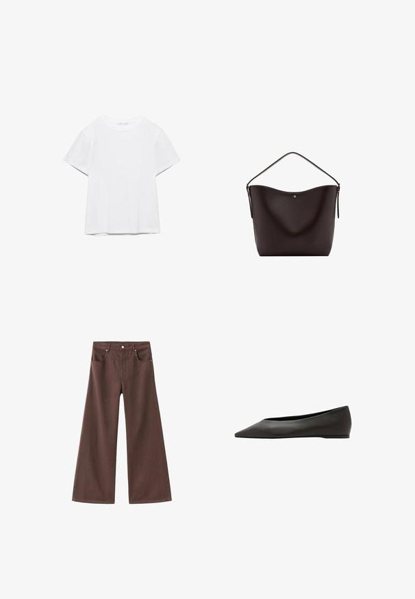 Hvid, kortærmet T-shirt med rund hals og lige kant, vist på en hvid baggrund.; Brune brede jeans lavet af denim. Har fem lommer, lynlås og metalnitter. Glat tekstur og klassisk design.; Sort flad sko med spidst tåparti, lav hæl og glat læderoverdel, vist i profil på hvid baggrund.; Mørkebrun læder skuldertaske med en enkelt strop og en lille guldknapdetalje midt foran.
