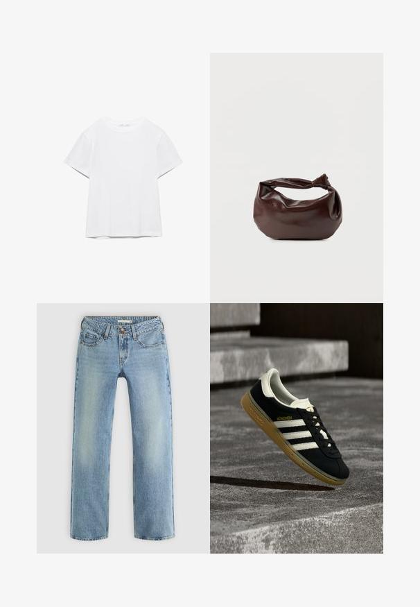 Unifarbenes weißes T-Shirt mit kurzen Ärmeln und Rundhalsausschnitt, gerader Saum, dargestellt auf weißem Hintergrund.; Hellblaue gerade geschnittene Jeans aus Denim, mit Knopfverschluss, fünf Taschen und subtiler Ausbleichung entlang der Beine.; Schwarzer Adidas München Sneaker mit weißen Streifen und brauner Gummisohle, der über strukturierten Betontreppen schwebt.; Dunkelbraune Lederschultertasche mit weicher, lockerer Form und einem gedrehten Knotengriff vor schlichtem weißem Hintergrund.