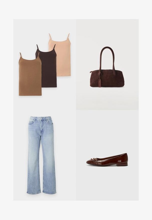 Trois camisoles fines pour femmes en beige, marron foncé et marron clair avec bretelles réglables, présentées à plat.; Jean large bleu clair en denim, avec une taille haute, cinq poches et un ourlet légèrement effiloché.; Chaussure plate en cuir verni marron avec un bout pointu, comportant trois lanières décoratives et un petit talon carré. Texture lisse et finition brillante.; Sac à main en daim marron foncé avec deux longues anses et une petite étiquette attachée, sur un fond clair uni.
