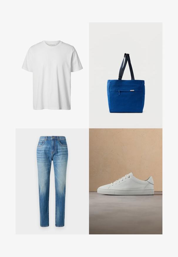 Eenvoudig wit T-shirt met korte mouwen en ronde hals, losse pasvorm en zonder zichtbare logo's of ontwerpen aan de voorkant.; Lichtblauwe denim jeans met een rechte pijp, voorzien van een hoge taille, subtiele vervaging en klassieke vijf-pocket stijl. Metalen knoopsluiting.; Witte leren lage sneaker met veters, zwevend boven een beige vloerkleed met textuur, vlakbij een ronde houten salontafel met boeken.; Blauwe canvas boodschappentas met een voorvak met rits, dubbele schouderbanden en een rechthoekige vorm. Heeft een subtiel merklabel.