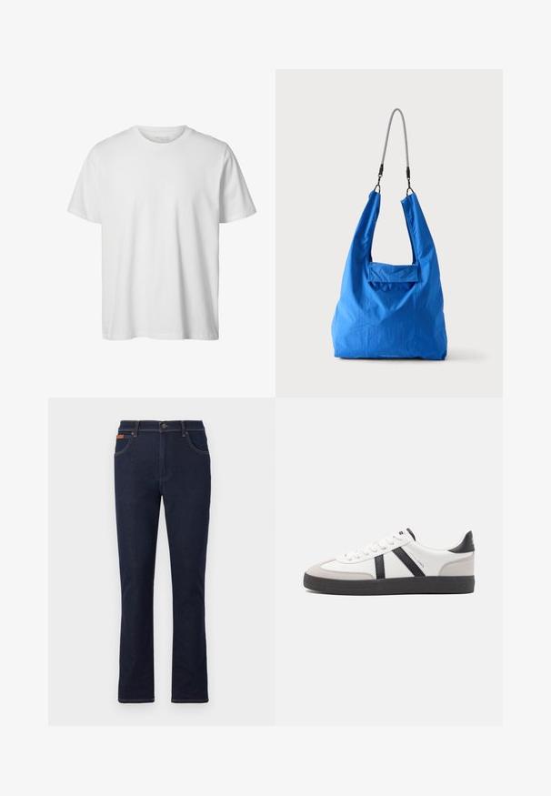 Eenvoudig wit T-shirt met korte mouwen en ronde hals, losse pasvorm en zonder zichtbare logo's of ontwerpen aan de voorkant.; Donkerblauwe jeans met rechte pijpen, een voorste knoop en rits, voor- en achterzakken en bruine stikseldetails.; Witte sneaker met zwarte en grijze accenten, voorzien van een grijze neus met textuur, zwarte rubberen zool en platte witte veters. Schoon ontwerp, minimalistische stijl.; Felblauwe zachte stoffen draagtas met een zwart-wit koord schouderband tegen een effen lichte achtergrond.