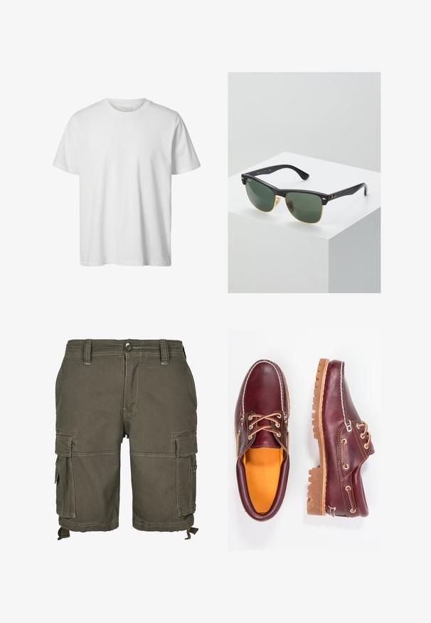 T-shirt blanc uni à manches courtes, col rond, coupe décontractée, sans logos ni motifs visibles à l'avant.; Shorts cargo vert olive en tissu durable, avec de multiples poches latérales, des passants de ceinture et des détails cousus pour une texture supplémentaire.; Chaussures en cuir bourgogne avec semelles en caoutchouc marron, bout rond, couture blanche et œillets dorés. L'intérieur présente une doublure jaune.; Lunettes de soleil Ray-Ban avec des verres verts, monture en plastique noir et accents dorés sur les bords. Forme carrée avec une finition mate.