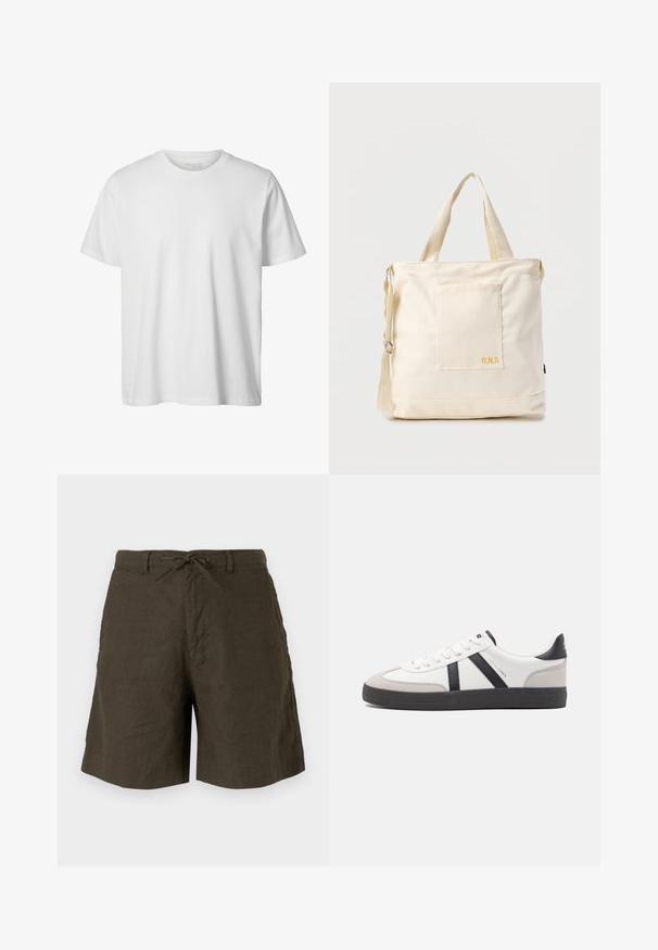 Enkelt hvid T-shirt med korte ærmer og rund hals, løs pasform og uden synlige logoer eller designs foran.; Kaki shorts lavet af hør, med elastisk talje, sidelommer og en afslappet pasform med en glat tekstur.; Hvide sneakers med sorte og grå detaljer, med en tekstureret grå tåhætte, sort gummisål og flade hvide snørebånd. Rent design, minimalistisk stil.; Kremfarvet lærredstote-taske med frontlomme, to håndtag, justerbar skulderrem og lille gul "O.N.S" tekst i nederste højre hjørne af lommen.