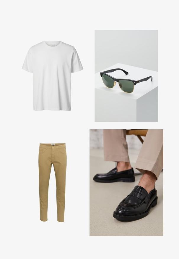 Schlichtes weißes T-Shirt mit kurzen Ärmeln und Rundhalsausschnitt, lässiger Passform und ohne sichtbare Logos oder Designs auf der Vorderseite.; Beige Chinos im Slim-Fit. Hergestellt aus einem Baumwollmischgewebe, mit zwei seitlichen Taschen und einer einzelnen Gesäßtasche, abgeschlossen mit einer Knopfschließe.; Schwarze Lederloafers mit glatter Oberfläche, ausgestattet mit einem dekorativen Riemen und Kontrastnähten, kombiniert mit beigen Hosen.; Ray-Ban Sonnenbrillen mit grünen Gläsern, schwarzen Kunststoffrahmen und goldenen Akzenten an den Rändern. Quadratische Form mit matter Oberfläche.