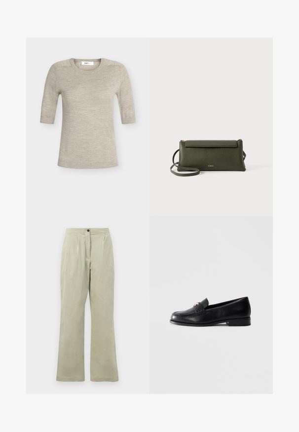 Pull beige en maille à manches courtes avec col rond et poignets et ourlet côtelés, posé à plat sur un fond uni.; Pantalons larges vert clair en tissu doux, dotés d'une fermeture à bouton à l'avant, de plis et d'un ourlet net.; Mocassin en cuir noir avec un petit talon et un emblème décoratif en or sur la sangle, présenté sur un fond gris clair uni.; Sac en cuir texturé vert foncé, porté en travers du corps, avec fermeture à rabat et fine sangle réglable, embossé d'un petit logo doré "Bee Projects".