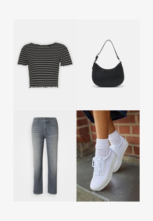 ONLY ONLANITS CROPPED - T-shirt imprimé - black/cloud dancer; Jeans en denim gris avec une coupe droite, un design à cinq poches, fermeture à bouton et à zip, et une finition légèrement délavée.; Baskets en toile blanches avec semelles en caoutchouc, dotées de six œillets, d'un bout rond et de détails de couture légers, portées avec des chaussettes blanches mi-mollet.; Sac hobo noir en cuir lisse avec une silhouette arrondie, doté d'une seule sangle ajustable et de détails de design minimalistes.