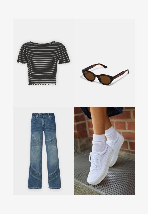 ONLY ONLANITS CROPPED - T-Shirt print - black/cloud dancer; Hochtaillierte blaue Jeans aus Denim mit weitem Bein, versehen mit geschwungenen Nahtdetails und gerippten Teilen im unteren Bereich. Lässiger Stil.; Weiße Leinensneaker mit Gummisohlen, ausgestattet mit sechs Ösen, runder Zehenpartie und dezenten Nähten, kombiniert mit weißen Knöchelsocken.; Braune Schildpatt-Sonnenbrille mit einer Vintage-Cat-Eye-Form und braunen Gläsern. Verfügt über gebogene Bügel mit roten Akzenten.