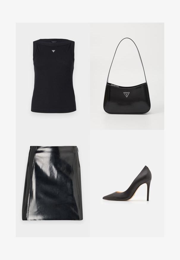 Sort ærmeløs top lavet af bomuld, med bådudskæring og et lille krystal trekantlogo på brystet. Glat tekstur.; Sort læder mini skirt med en højglans finish. Har synlige syningsdetaljer og en tætsiddende silhuet. Glat tekstur hele vejen igennem.; Sort lædersko med høj hæl, spids tå, glat tekstur og slank stilet-hæl. Minimalistisk design uden synligt hardware.; Sort patenteret læder skuldertaske med en buet form, prydet med et sølvfarvet trekantet logo og en lynlås-lukning. Glat tekstur og slank rem.
