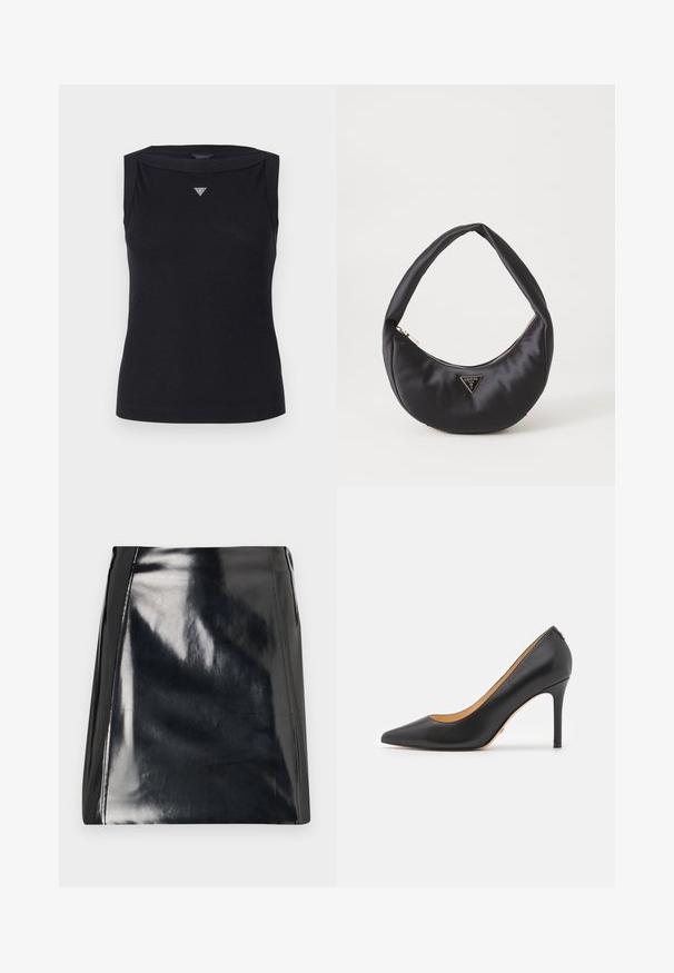 Sort ærmeløs top lavet af bomuld, med bådudskæring og et lille krystal trekantlogo på brystet. Glat tekstur.; Sort læder mini skirt med en højglans finish. Har synlige syningsdetaljer og en tætsiddende silhuet. Glat tekstur hele vejen igennem.; Sort læder spidse stiletto hæle med høj hæl, der har en glat overflade og minimalistisk design. Indersiden er foret i tan farve.; Sort satin håndtaske med en buet form, der har en lynlåslukning og et trekantet logo i metal på forsiden. Glat tekstur og slankt design.