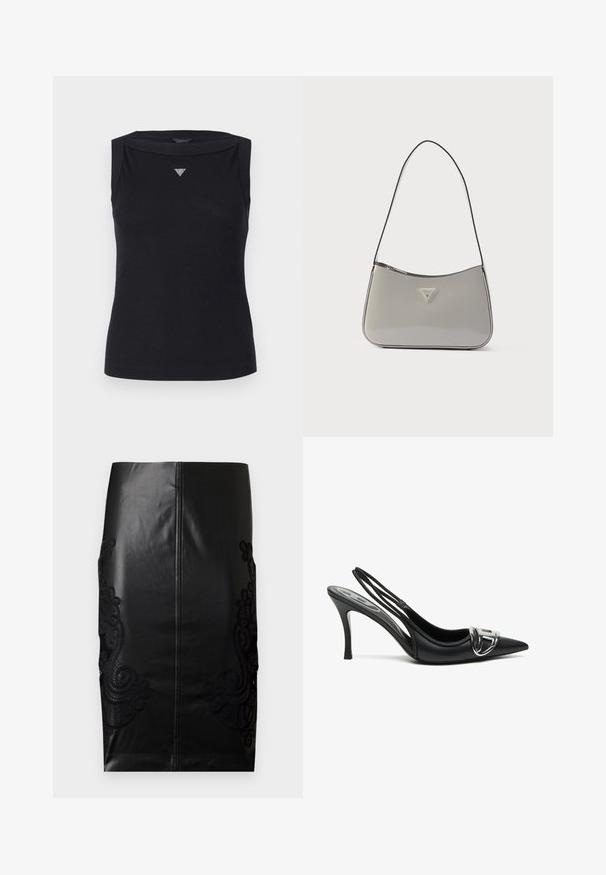 Débardeur noir sans manches en coton, avec un col bateau et un petit logo triangulaire en cristal sur la poitrine. Texture lisse.; Jupe crayon en cuir noir avec un délicat broderie en dentelle noire sur les côtés, dos sans couture et texture lisse. Coupe classique et silhouette.; Talons hauts slingback noirs avec un embout pointu, présentant un détail de boucle en argent brillant et un talon fin. Texture en cuir lisse, design minimaliste.; Sac à bandoulière en cuir verni gris avec un design incurvé, une bordure noire et une plaque logo argentée à l'avant. Sangle réglable pour un port polyvalent.