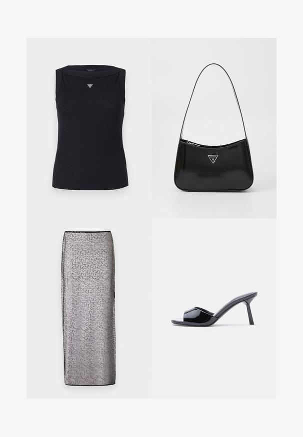 Top negro sin mangas de algodón, con escote barco y un pequeño logo triangular de cristal en el pecho. Textura suave.; Larga falda ajustada de tejido plateado transparente con un patrón sutil y acentos brillantes. Presenta una cinturilla y un dobladillo negros.; Sandalias de tacón con punta abierta de charol negro, con un diseño superior curvado y tacón de aguja cónico. Acabado liso y brillante.; Bolso de hombro de charol negro con forma curva, que presenta un logotipo triangular plateado y un cierre de cremallera. Textura suave y correa delgada.