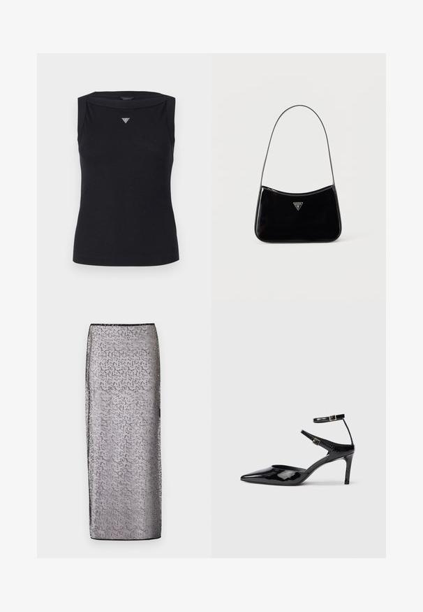 Top negro sin mangas de algodón, con escote barco y un pequeño logo triangular de cristal en el pecho. Textura suave.; Larga falda ajustada de tejido plateado transparente con un patrón sutil y acentos brillantes. Presenta una cinturilla y un dobladillo negros.; Tacones de charol negros con puntera puntiaguda, correas ajustables en el tobillo y un tacón delgado. Textura suave con un acabado brillante.; Bolso de hombro de charol negro con correa delgada, logotipo triangular de Guess en el frente y cierre superior con cremallera.