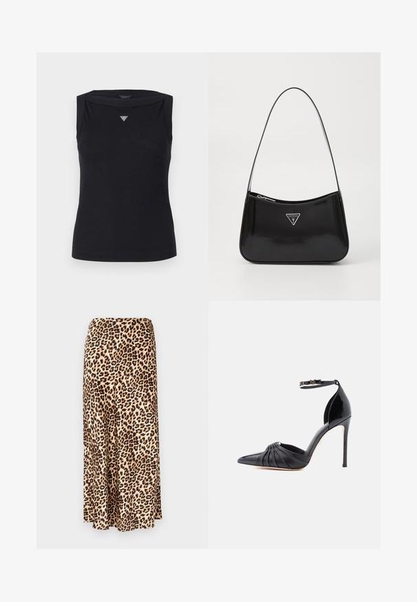 Top negro sin mangas de algodón, con escote barco y un pequeño logo triangular de cristal en el pecho. Textura suave.; Falda larga de estampado de leopardo hecha de tejido suave. Base marrón clara con manchas negras y marrones. Diseño acampanado con dobladillo recto.; Zapato de tacón stiletto negro con punta afilada, detalle de cuero fruncido, correa para el tobillo con hebilla dorada en forma de "M", y acabado brillante en la zona del tacón.; Bolso de hombro de charol negro con forma curva, que presenta un logotipo triangular plateado y un cierre de cremallera. Textura suave y correa delgada.