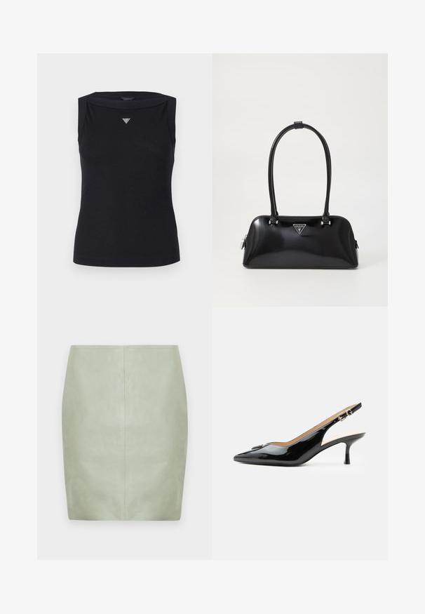 Débardeur noir sans manches en coton, avec un col bateau et un petit logo triangulaire en cristal sur la poitrine. Texture lisse.; Mini jupe en cuir vert menthe à coupe slim, avec un design épuré et une couture centrale au dos. Texture lisse, sans accessoires visibles.; Escarpin slingback en cuir verni noir avec bout pointu, petit talon kitten et bride à boucle argentée sur fond blanc uni.; Sac à main noir brillant avec une silhouette incurvée, deux poignées et une plaque logo à l'avant. Fermeture éclair et accents en matériel brillant.
