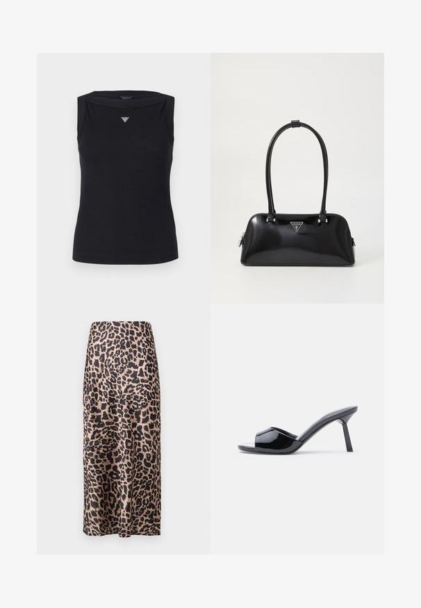 Sort ærmeløs top lavet af bomuld, med bådudskæring og et lille krystal trekantlogo på brystet. Glat tekstur.; Leopardprint satin nederdel med høj talje, knælang silhuet, blank tekstur og en flydende design.; Sorte laklæder sandaletter med åben tå, der har et buet overdesign og en spids stilethæl. Glat, blank finish.; Sort glanshandtaske med en buet silhuet, to håndtag og en frontlogo-plakette. Lynlås lukning og skinnende hardware-detaljer.