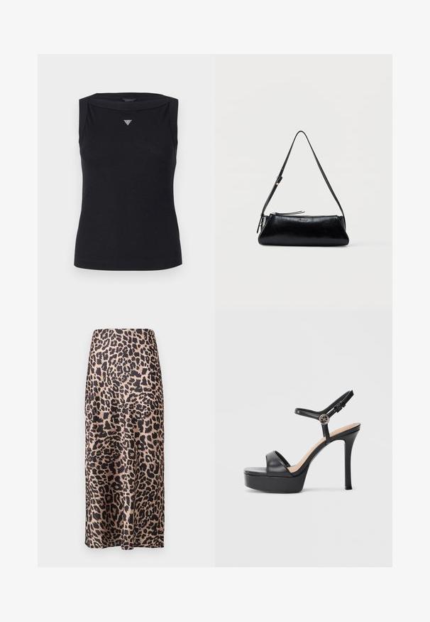 Sort ærmeløs top lavet af bomuld, med bådudskæring og et lille krystal trekantlogo på brystet. Glat tekstur.; Leopardprint satin nederdel med høj talje, knælang silhuet, blank tekstur og en flydende design.; Sorte platformsandaler med høj stiletthæl, der har en glat læderoverdel, peep toe-design og en justerbar ankelrem med metalbeslag.; Sort læder skuldertaske med tynd justerbar rem, lynlåslukning og lille metal "GUESS" logo foran i midten.