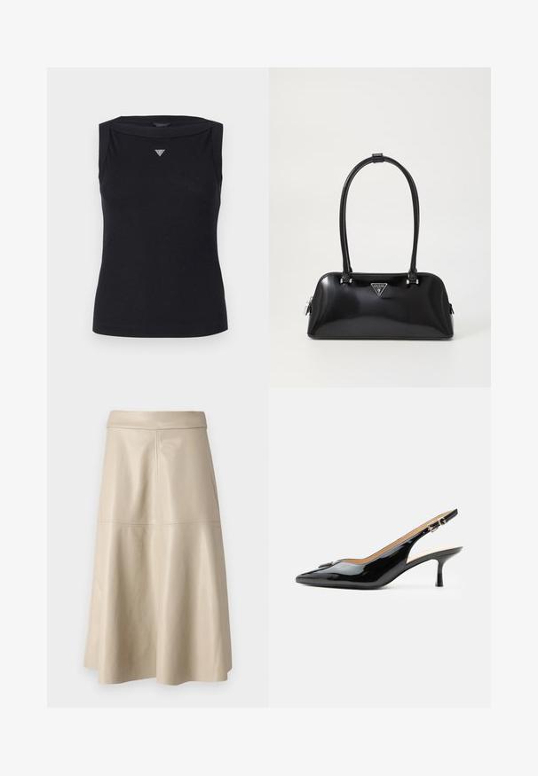 Débardeur noir sans manches en coton, avec un col bateau et un petit logo triangulaire en cristal sur la poitrine. Texture lisse.; Jupe en cuir beige taille haute, coupe trapèze, avec des coutures visibles au milieu et près de la ceinture.; Escarpin slingback en cuir verni noir avec bout pointu, petit talon kitten et bride à boucle argentée sur fond blanc uni.; Sac à main noir brillant avec une silhouette incurvée, deux poignées et une plaque logo à l'avant. Fermeture éclair et accents en matériel brillant.
