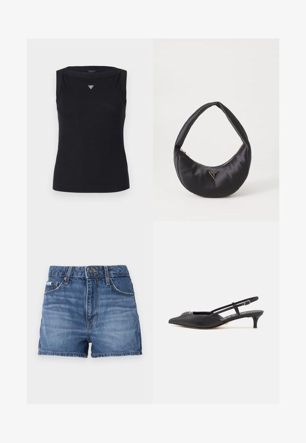 Must reie avatud õlavartega must särk, mis on valmistatud puuvillast. Särgil on vene stiilis kaelus ja rinnal väike kristallne kolmnurkne logo. Sile tekstuur.; Keskmise sinise värvi denim lühikesed püksid, millel on viie tasku disain, vööloopide ja rebenenud serv. Tavaline nööp ja lukuga sulgemine.; Mustad musta rihmaga kingad terava ninaga, valmistatud siledast materjalist, väikese kontsaga ja kaunistava hõbedase aksessuaari ning sillerdava pealsega.; Must musträk kott, millel on kaarjas kuju, varustatud lukuga ja metallist kolmnurkse logoga ees. Sile tekstuur ja peen disain.