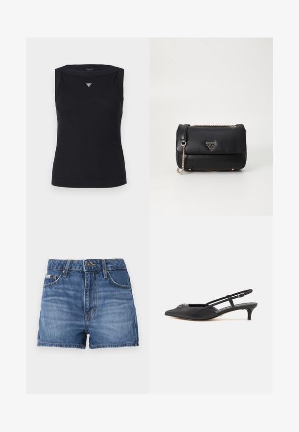 Sort ærmeløs top lavet af bomuld, med bådudskæring og et lille krystal trekantlogo på brystet. Glat tekstur.; Denimshorts i mellemblå, med fem lomme-design, bæltestropper og frynsede kanter. Standard knap- og lynlåslukning.; Sorte slingback-sko med spids tå, lavet af glat materiale, med en lille hæl og en dekorativ sølvaccent på vamps.; Sort læder skuldertaske med guldkæde og trekantet Guess-logo på frontklappen, sat mod en simpel hvid baggrund.