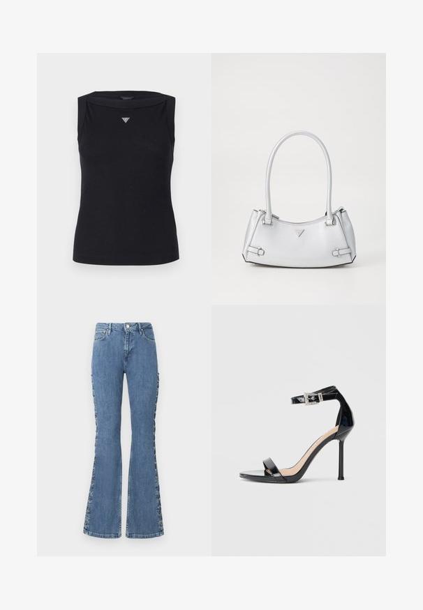 Débardeur noir sans manches en coton, avec un col bateau et un petit logo triangulaire en cristal sur la poitrine. Texture lisse.; Jean bleu taille haute, évasés, en denim avec un détail de laçage décoratif sur les côtés et un design classique à cinq poches.; Sandale à talon haut en cuir verni noir avec bride à la cheville. Présente un design minimaliste, un bout ouvert et une boucle ornée de strass.; Sac à main argenté avec un design structuré, doté de deux poignées, d'une texture brillante, de quincaillerie accentuée et d'un logo triangulaire sur le devant.