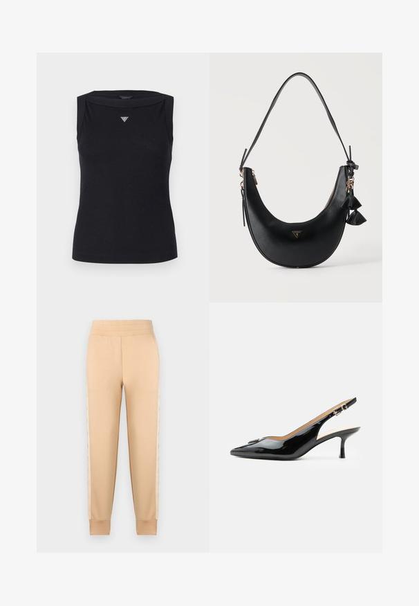Sort ærmeløs top lavet af bomuld, med bådudskæring og et lille krystal trekantlogo på brystet. Glat tekstur.; Beige sweatpants med en glat tekstur, der har et tapered design, elastisk talje og mønstrede sidelommer.; Sort patentlæder slingback hæl med spids tå, lille kitten hæl og sølvspænde på en ensartet hvid baggrund.; Sort skuldertaske i halvmåneform med tekstureret overflade, gylden lynlås, kvast vedhæng og lille trekantet Guess-logo foran i midten.