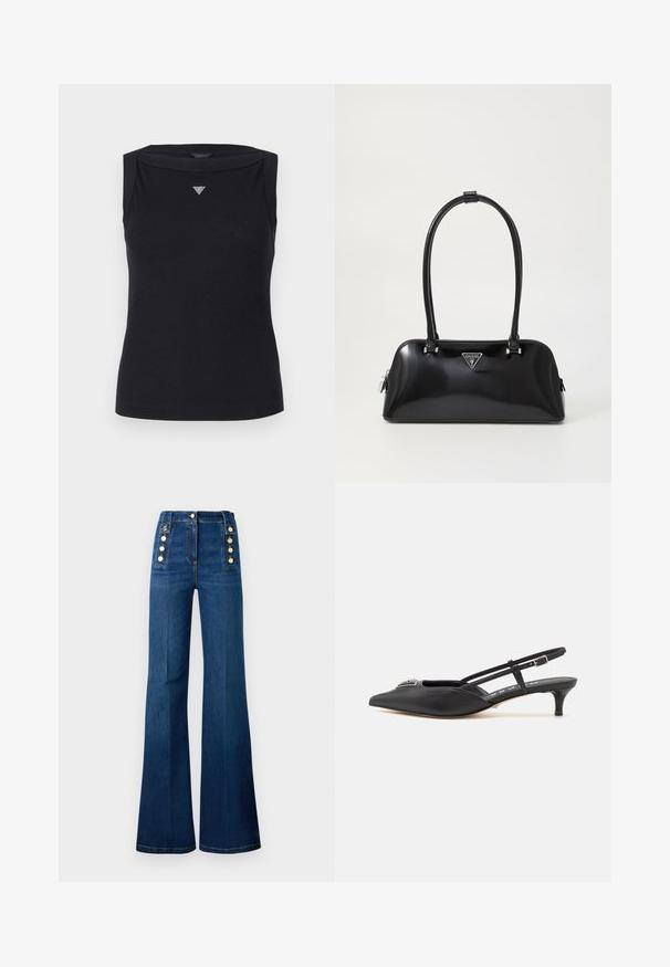 Sort ærmeløs top lavet af bomuld, med bådudskæring og et lille krystal trekantlogo på brystet. Glat tekstur.; Højtsiddende flagrende jeans i mørkeblå denim, med guldfarvede knapdetaljer på siderne og en glat tekstur.; Sorte slingback-sko med spids tå, lavet af glat materiale, med en lille hæl og en dekorativ sølvaccent på vamps.; Sort glanshandtaske med en buet silhuet, to håndtag og en frontlogo-plakette. Lynlås lukning og skinnende hardware-detaljer.