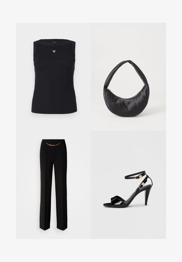 Sort ærmeløs top lavet af bomuld, med bådudskæring og et lille krystal trekantlogo på brystet. Glat tekstur.; MARCIANO BY GUESS ELLA CHAIN STRAIGHT PANTS - Bukser - black; Sorte patentlæder højhælede sandaler med dobbelte ankelremme og guldspænder, åben tå og slank taperet hæl på neutral baggrund.; Sort satin håndtaske med en buet form, der har en lynlåslukning og et trekantet logo i metal på forsiden. Glat tekstur og slankt design.
