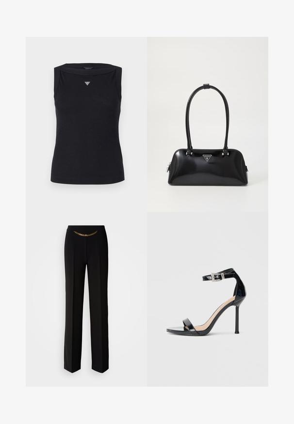 Sort ærmeløs top lavet af bomuld, med bådudskæring og et lille krystal trekantlogo på brystet. Glat tekstur.; MARCIANO BY GUESS ELLA CHAIN STRAIGHT PANTS - Bukser - black; Sort højhælet sandal i laklæder med ankelrem. Har minimalistisk design, åben tå og spænde med rhinsten-detaljer.; Sort glanshandtaske med en buet silhuet, to håndtag og en frontlogo-plakette. Lynlås lukning og skinnende hardware-detaljer.