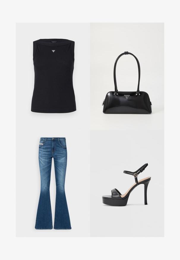 Sort ærmeløs top lavet af bomuld, med bådudskæring og et lille krystal trekantlogo på brystet. Glat tekstur.; Flared jeans i mellemblå denim med høj talje, fem-lomme design og subtile whiskering-detaljer ved lårene.; Sorte platformsandaler med høj stiletthæl, der har en glat læderoverdel, peep toe-design og en justerbar ankelrem med metalbeslag.; Sort glanshandtaske med en buet silhuet, to håndtag og en frontlogo-plakette. Lynlås lukning og skinnende hardware-detaljer.