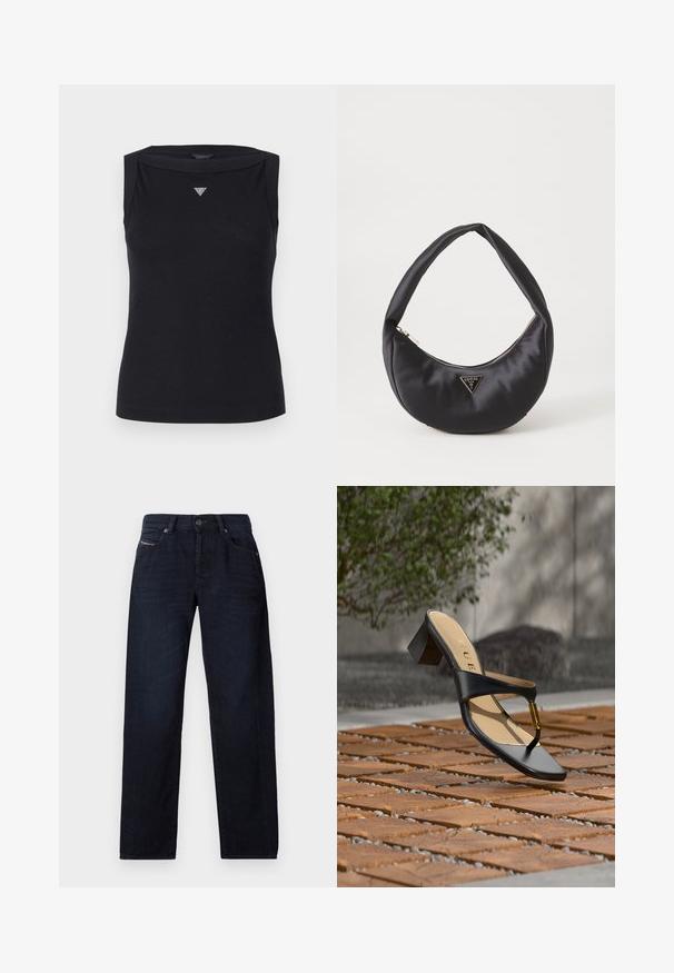 Top negro sin mangas de algodón, con escote barco y un pequeño logo triangular de cristal en el pecho. Textura suave.; Vaqueros rectos de color azul oscuro con bolsillos frontales, trabillas para cinturón y cierre de botón, colocados sobre un fondo blanco.; Sandalia negra de tacón con lazo para el dedo y acento dorado, colocada sobre una superficie pavimentada de madera y piedra al aire libre cerca de vegetación.; Bolso de satén negro con forma curva, que cuenta con un cierre de cremallera y un logo triangular en metal en la parte delantera. Textura suave y diseño elegante.