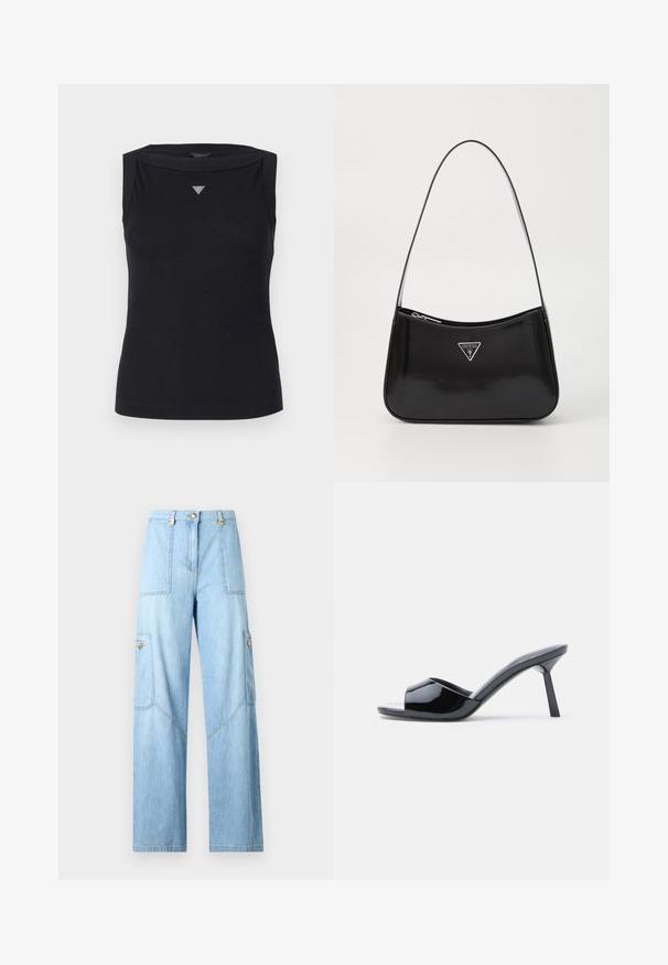 Top negro sin mangas de algodón, con escote barco y un pequeño logo triangular de cristal en el pecho. Textura suave.; Vaqueros de pierna ancha azul claro de denim. Cuenta con grandes bolsillos laterales, detalles de costura y un cierre de botón con acentos dorados.; Sandalias de tacón con punta abierta de charol negro, con un diseño superior curvado y tacón de aguja cónico. Acabado liso y brillante.; Bolso de hombro de charol negro con forma curva, que presenta un logotipo triangular plateado y un cierre de cremallera. Textura suave y correa delgada.
