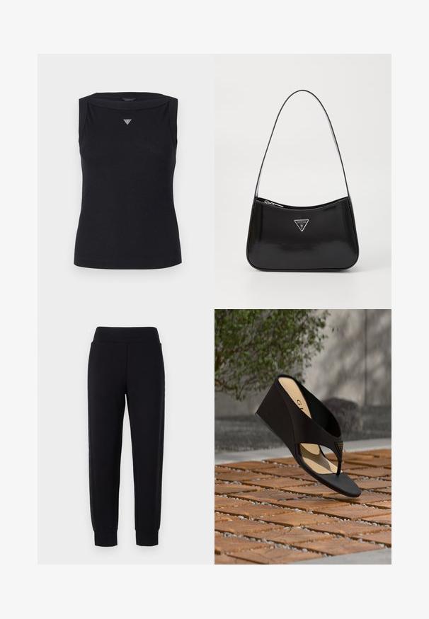 Top negro sin mangas de algodón, con escote barco y un pequeño logo triangular de cristal en el pecho. Textura suave.; Pantalones deportivos negros con piernas ajustadas, que cuentan con una amplia cinturilla elástica y paneles laterales texturizados. Hechos de un material suave y elástico.; Sandalia de cuña negra con tira en el dedo y emblema dorado de logo triangular, mostrada sobre suelo de ladrillo texturizado con vegetación y pared al fondo.; Bolso de hombro de charol negro con forma curva, que presenta un logotipo triangular plateado y un cierre de cremallera. Textura suave y correa delgada.