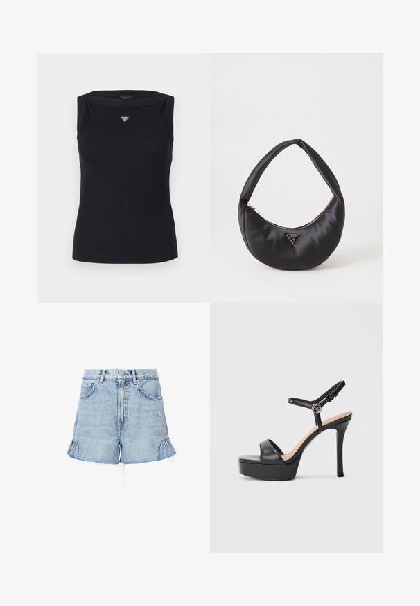 Sort ærmeløs top lavet af bomuld, med bådudskæring og et lille krystal trekantlogo på brystet. Glat tekstur.; Lyseblå denimshorts med en flosset kant, der har sidelæber, forlommer og en knappelukning med lynlås.; Sorte platformsandaler med høj stiletthæl, der har en glat læderoverdel, peep toe-design og en justerbar ankelrem med metalbeslag.; Sort satin håndtaske med en buet form, der har en lynlåslukning og et trekantet logo i metal på forsiden. Glat tekstur og slankt design.