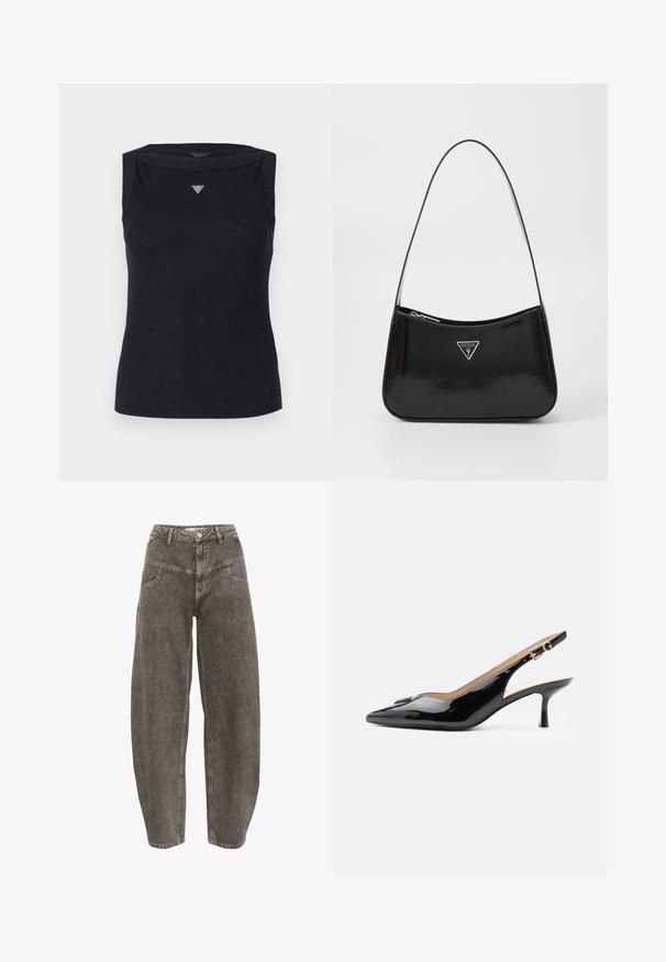 Top negro sin mangas de algodón, con escote barco y un pequeño logo triangular de cristal en el pecho. Textura suave.; Gestuz JOSIE BARREL - Pernera ancha - greige denim wash; Tacón slingback de charol negro con puntera puntiaguda, tacón pequeño tipo kitten y correa con hebilla plateada sobre un fondo blanco liso.; Bolso de hombro de charol negro con forma curva, que presenta un logotipo triangular plateado y un cierre de cremallera. Textura suave y correa delgada.