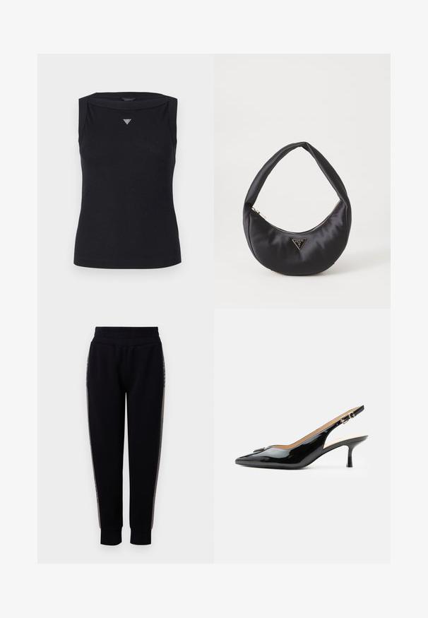 Top negro sin mangas de algodón, con escote barco y un pequeño logo triangular de cristal en el pecho. Textura suave.; Pantalones de chándal negros con una cintura elástica, piernas ajustadas y costuras laterales con un acento metálico. Tejido suave con una textura blanda.; Tacón slingback de charol negro con puntera puntiaguda, tacón pequeño tipo kitten y correa con hebilla plateada sobre un fondo blanco liso.; Bolso de satén negro con forma curva, que cuenta con un cierre de cremallera y un logo triangular en metal en la parte delantera. Textura suave y diseño elegante.