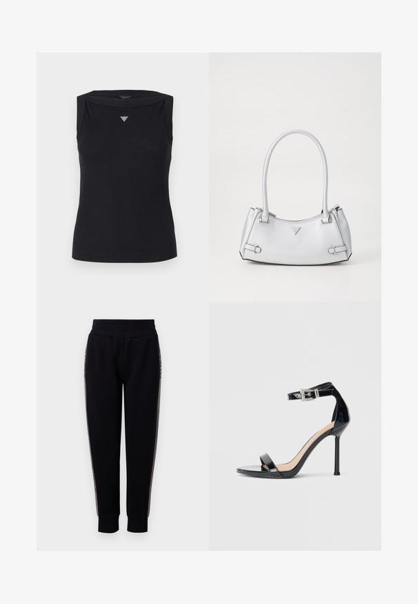 Top negro sin mangas de algodón, con escote barco y un pequeño logo triangular de cristal en el pecho. Textura suave.; Pantalones de chándal negros con una cintura elástica, piernas ajustadas y costuras laterales con un acento metálico. Tejido suave con una textura blanda.; Sandalia de tacón alto en piel sintética negra con correa en el tobillo. Presenta un diseño minimalista, punta abierta y una hebilla con detalles de pedrería.; Bolso de mano plateado con un diseño estructurado, que cuenta con dos asas, textura brillante, herrajes de acento y un logo triangular en la parte frontal.