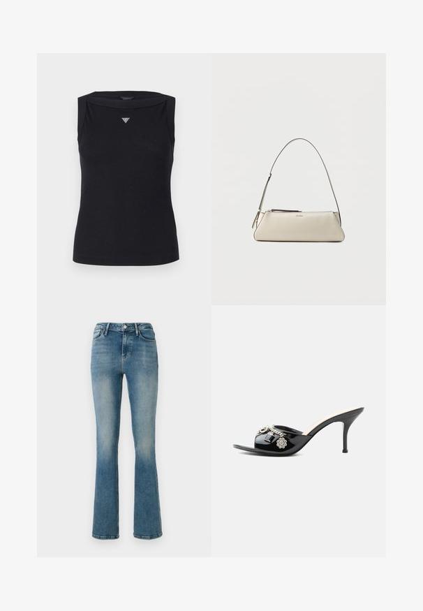 Sort ærmeløs top lavet af bomuld, med bådudskæring og et lille krystal trekantlogo på brystet. Glat tekstur.; Lys blå denim flared jeans med fem lommer, høj talje og sy detaljer. Stoffet viser en let falmet vask og en glat tekstur.; Sort laklæder højt hælet mule med åben tå og dekorative sølvcharme inklusive en blomst og hængelås på frontstroppen.; Lille beige læder skuldertaske med tynd rem og lynlås, mærket med et diskret metal-logo på frontens midte.